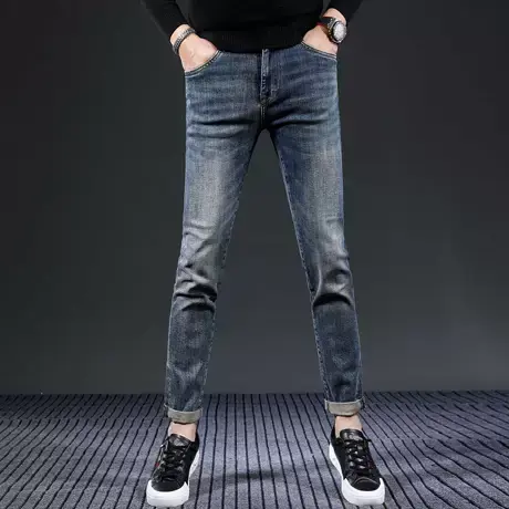 秋冬季潮牌蓝色牛仔裤男士显瘦紧身修身小脚百搭高端轻奢休闲裤子商品大图