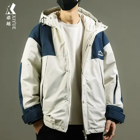希越新国标撞色羽绒服男士秋冬季宽松加厚加大码潮牌刺绣夹克外套商品大图