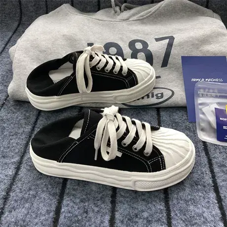 复古贝壳大头溶解鞋ins百搭厚底帆布鞋女夏两穿踩跟街拍小白鞋潮商品大图