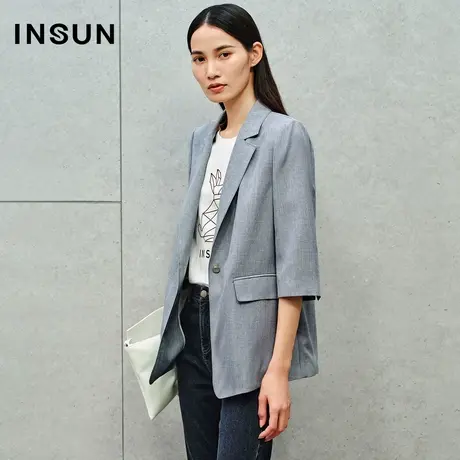 恩裳2023秋装气质平驳领五分袖抗皱斜纹肌理一粒扣西装外套女商品大图