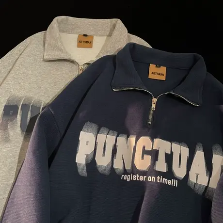 翻领长袖POLO衫男秋冬季情侣宽松字母印花ins美式休闲半拉链上衣图片