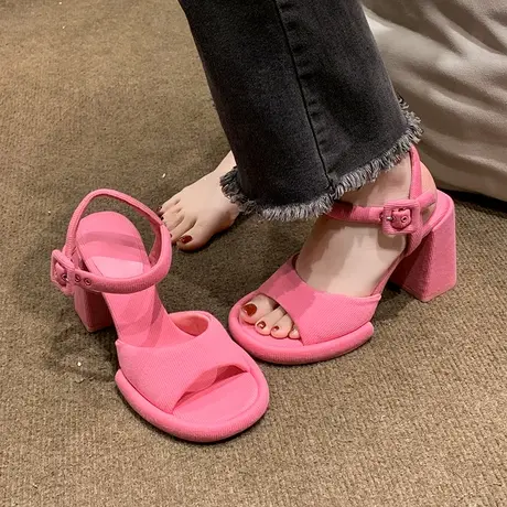 粉色粗跟凉鞋女夏2023新款法式时尚百搭鱼嘴一字带不累脚超高跟鞋商品大图