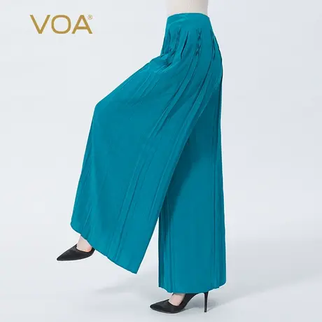 VOA真丝双绉靛青蓝自然腰褶皱口袋欧美宽松挺括桑蚕丝阔腿裤图片