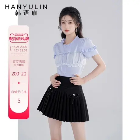 韩语琳蓝色木耳边拼接衬衫上衣设计感小众女夏季圆领绑带短款T恤商品大图