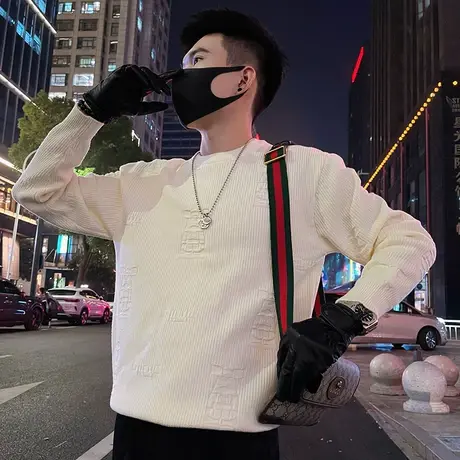 秋冬纯色针织卡通提花毛衣男2023新款潮牌小众设计感青年套头线衣商品大图