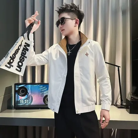 春秋季翻领夹克男潮牌痞帅上衣男装短款褂子2023新款潮流撞色外套商品大图