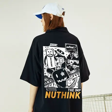 Nuthink国潮街头卡通动漫风潮牌Polo衫加肥加大夏装ins半截袖T恤图片