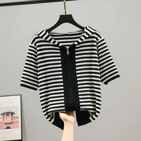 2023夏季新款条纹拉链衫开衫短袖连帽针织衫外套短袖上衣女士毛衣商品大图