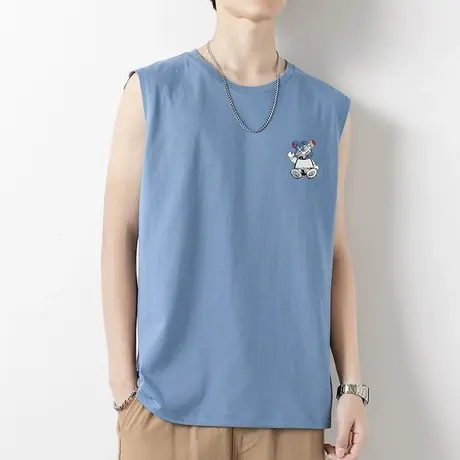 纯棉背心男士夏季薄款运动健身外穿跨栏篮球坎肩小熊印花无袖t恤商品大图