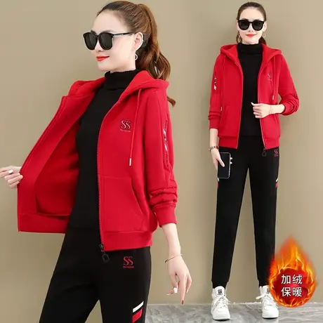 加绒运动套装女秋冬刺绣时尚保暖羊羔绒卫衣外套加厚休闲服两件套图片