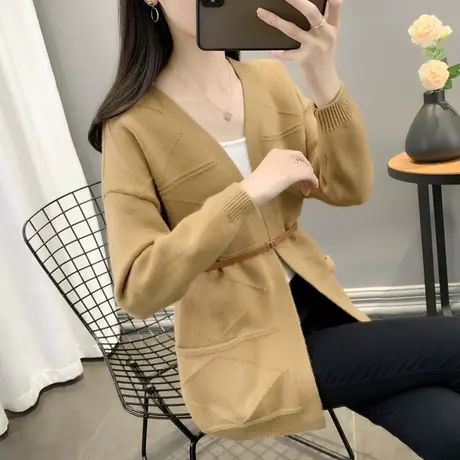 秋冬新款2025韩版宽松毛衣女中长款针织开衫纯色口袋外搭送腰带潮商品大图