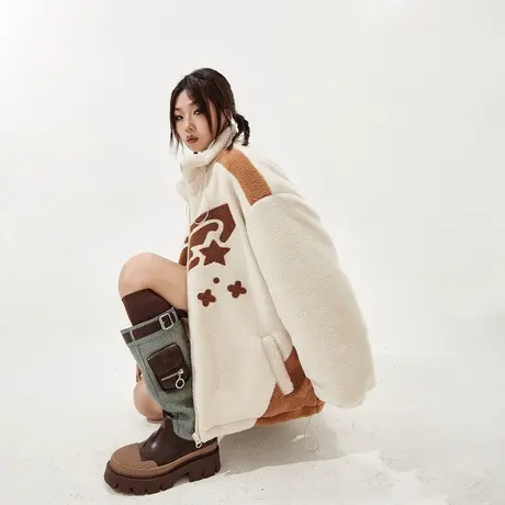 街头潮牌拼接羊羔毛棉服女加厚冬季外套2023新款复古宽松保暖棉衣商品大图