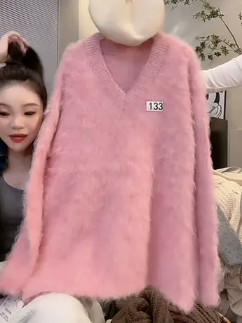 慵懒风宽松V领套头毛衣女秋冬新款韩版长袖粉色针织衫百搭上衣洋图片