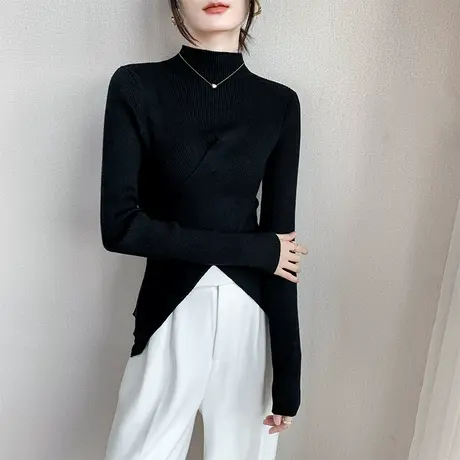 交叉设计感小众打底衫女2023春季新款半高纯色修身显瘦领针织衫商品大图