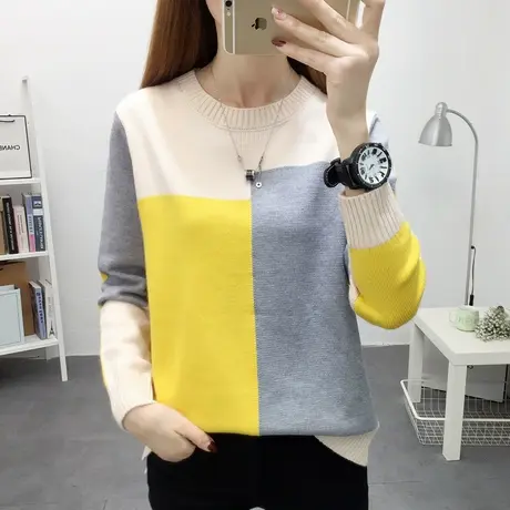 小清新毛衣女拼色加厚宽松韩版针织衫薄款秋冬新款百搭外穿打底衫图片