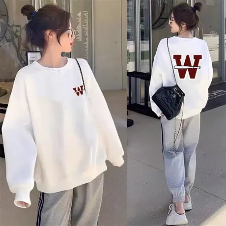 白色圆领潮牌卫衣女秋冬2022新款宽松套头加绒洋气小个子上衣外套商品大图