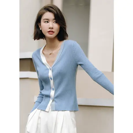 弥古法式小香风撞色v领针织衫上衣女高级感春秋蓝色外搭开衫外套商品大图