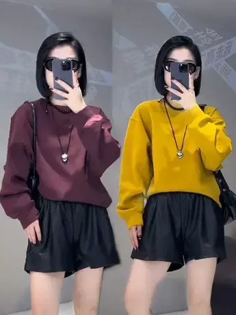 2023秋季新款纯色简约圆领卫衣女韩版宽松慵懒风洋气百搭套头上衣商品大图