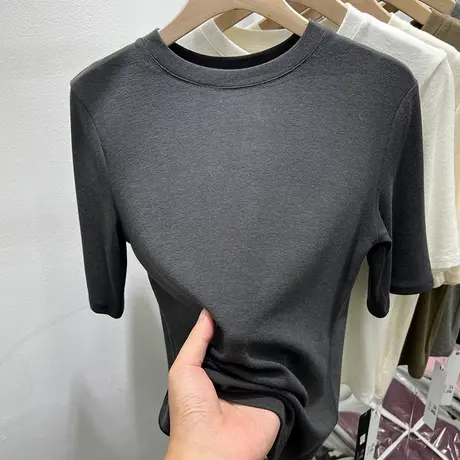 纯色百搭圆领五分中袖T恤女2023早秋新款修身显瘦柔软打底衫上衣商品大图