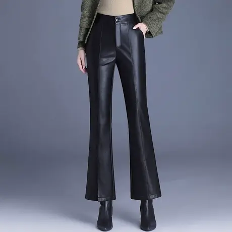 气质开叉微喇叭裤PU皮裤子女秋冬2023新款高腰通勤显瘦长裤休闲裤商品大图