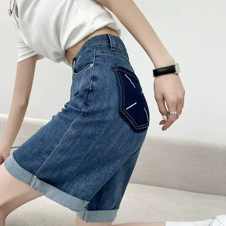 五分牛仔短裤女夏季薄款高腰显瘦直筒宽松阔腿马吉拉卷边5分中裤商品大图