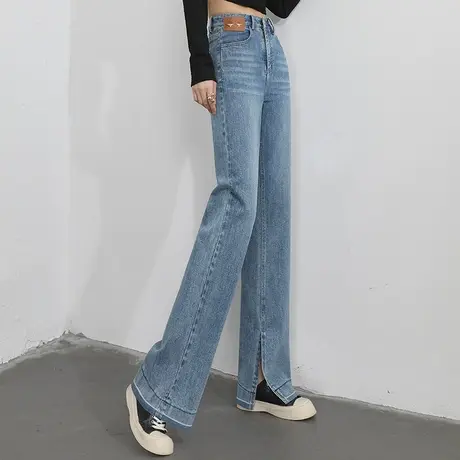 窄版高腰直筒牛仔裤女春秋开叉微喇裤2023新款拖地裤阔腿裤马蹄裤商品大图