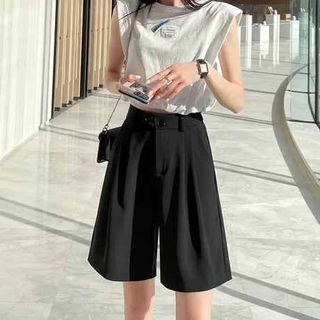 黑色西装短裤女五分夏2024年薄款高腰垂感宽松显瘦百搭阔腿5分裤图片
