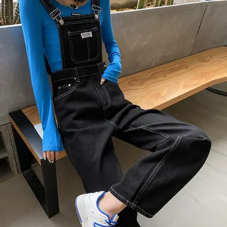 牛仔背带裤女直筒春秋季2023年新款小个子时尚减龄双肩吊带阔腿裤商品大图