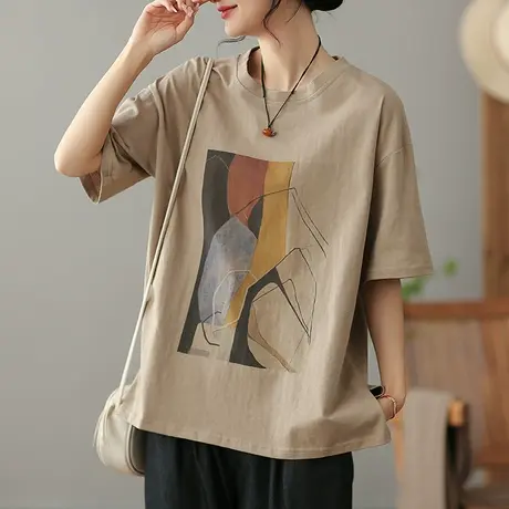 dza文艺复古薄款纯棉T恤女2023夏季圆领短袖体恤宽松显瘦打底上衣商品大图