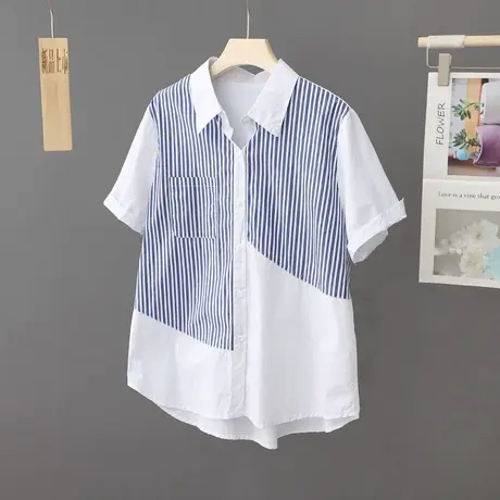 夏季新款别致条纹拼接衬衫女小众短袖棉质百搭衬衣薄款上衣女装潮图片