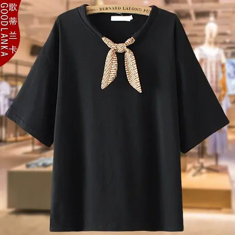 夏季加肥加大码上衣女宽松200斤洋气时尚中年胖妈妈装纯色短袖T恤商品大图