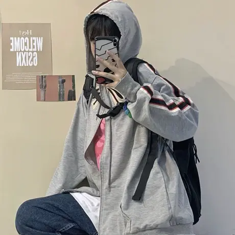 waitmore连帽卫衣女2020春秋薄款宽松韩版bf慵懒风开衫外套潮ins商品大图