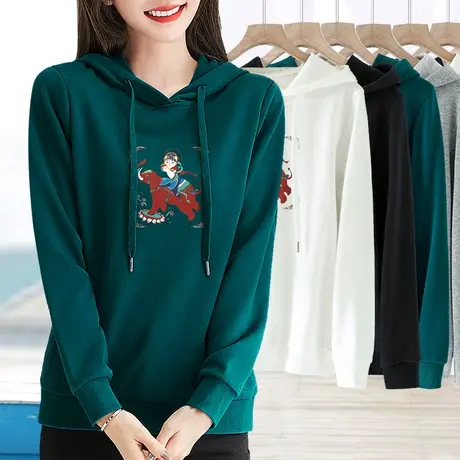 印花连帽卫衣女新款长袖套头修身显瘦打底衫春秋简约内搭百搭上衣图片