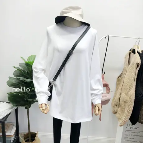 白色长袖t恤女秋冬2020新款韩版ins潮宽松大码加绒内搭打底衫上衣商品大图