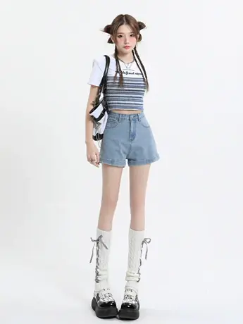 网红港风高腰阔腿牛仔短裤女春夏季2023新款a字弹力修身辣妹热裤图片