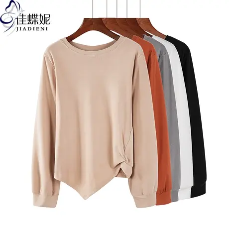 秋冬季韩版圆领宽松休闲纯色德绒发热绒卫衣长袖小心机扭结上衣女商品大图