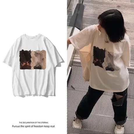 vintage国潮复古t恤女胖mm大码oversize街头风美式短袖上衣bf风夏商品大图