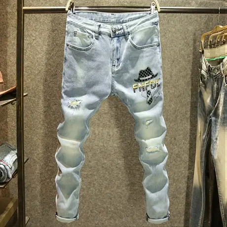 2024新款夏季破洞补丁牛仔裤男款修身小脚裤高端时尚烫钻帅气长裤商品大图