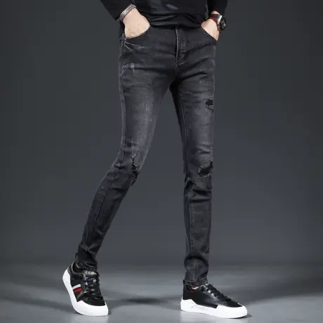 潮牌破洞牛仔裤男春秋款2023新款修身小脚裤高街潮流男士裤子百搭商品大图