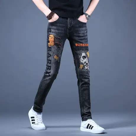 男士高端印花牛仔裤男潮牌2023新款秋冬男款修身小脚刺绣休闲裤子商品大图