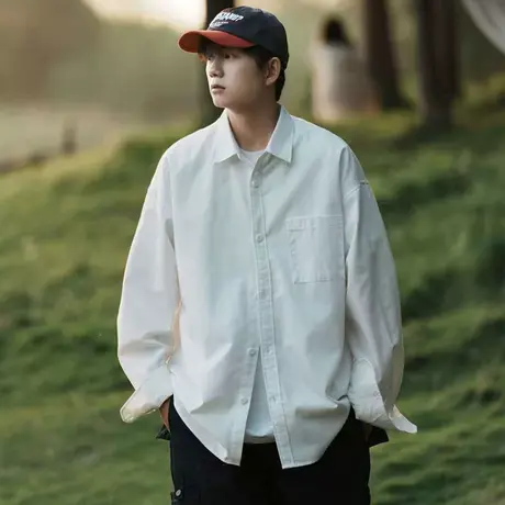日系长袖衬衫男春秋季cityboy纯色宽松百搭外套潮流休闲翻领衬衣商品大图