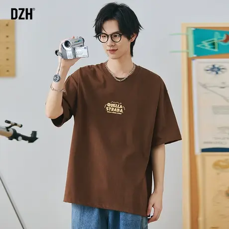 男士咖啡色纯棉t恤重磅潮牌短袖男款夏季日系风男装半袖2023新款商品大图