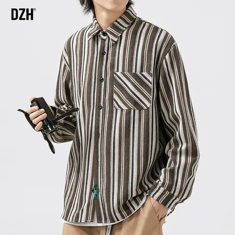 男士复古条纹衬衫男秋季潮牌衬衣外套宽松男装2023新款长袖上衣潮商品大图