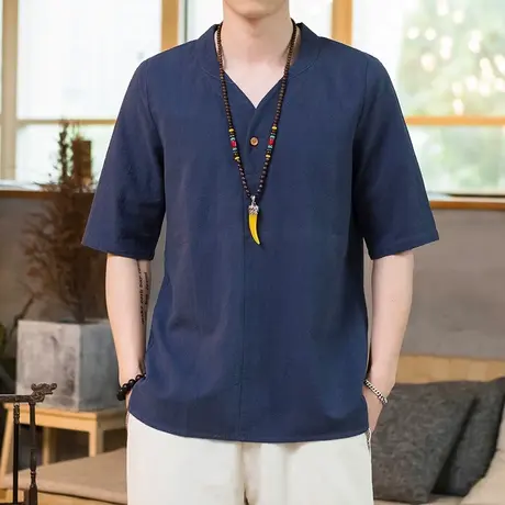 民族风亚麻t恤男短袖宽松中国风青年秋季男士棉麻半袖汉服大码丅图片