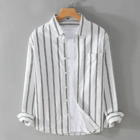 衬衫男纯棉长袖春秋季宽松全棉白色条纹衬衣男士休闲百搭外套潮流商品大图