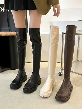 过膝靴女2023秋冬新款软皮弹力靴小个子显瘦长筒瘦瘦靴厚底高筒靴图片