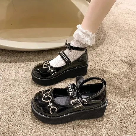 2023年金属黑色朋克鞋玛丽珍松糕厚底小皮鞋女复古爱心链条大头鞋商品大图