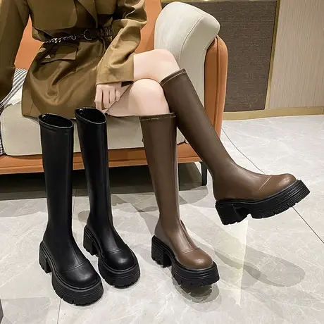 长筒靴女2023年春秋季小个子粗腿显瘦靴子粗跟高跟厚底增高骑士靴图片