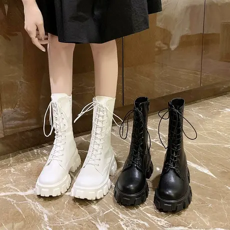 马丁靴潮ins2024春秋新款韩版网红百搭英伦风系带粗跟厚底中筒靴图片