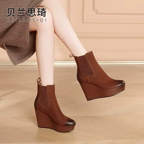 真皮复古棕色厚底坡跟短靴女2021秋冬季新款防水台高跟切尔西靴子图片